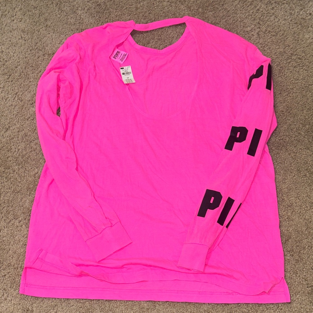 PINK Victoria's Secret Neon Pink Long-Sleeve Tee with Logo Sleeve Print - Picture 2 of 3